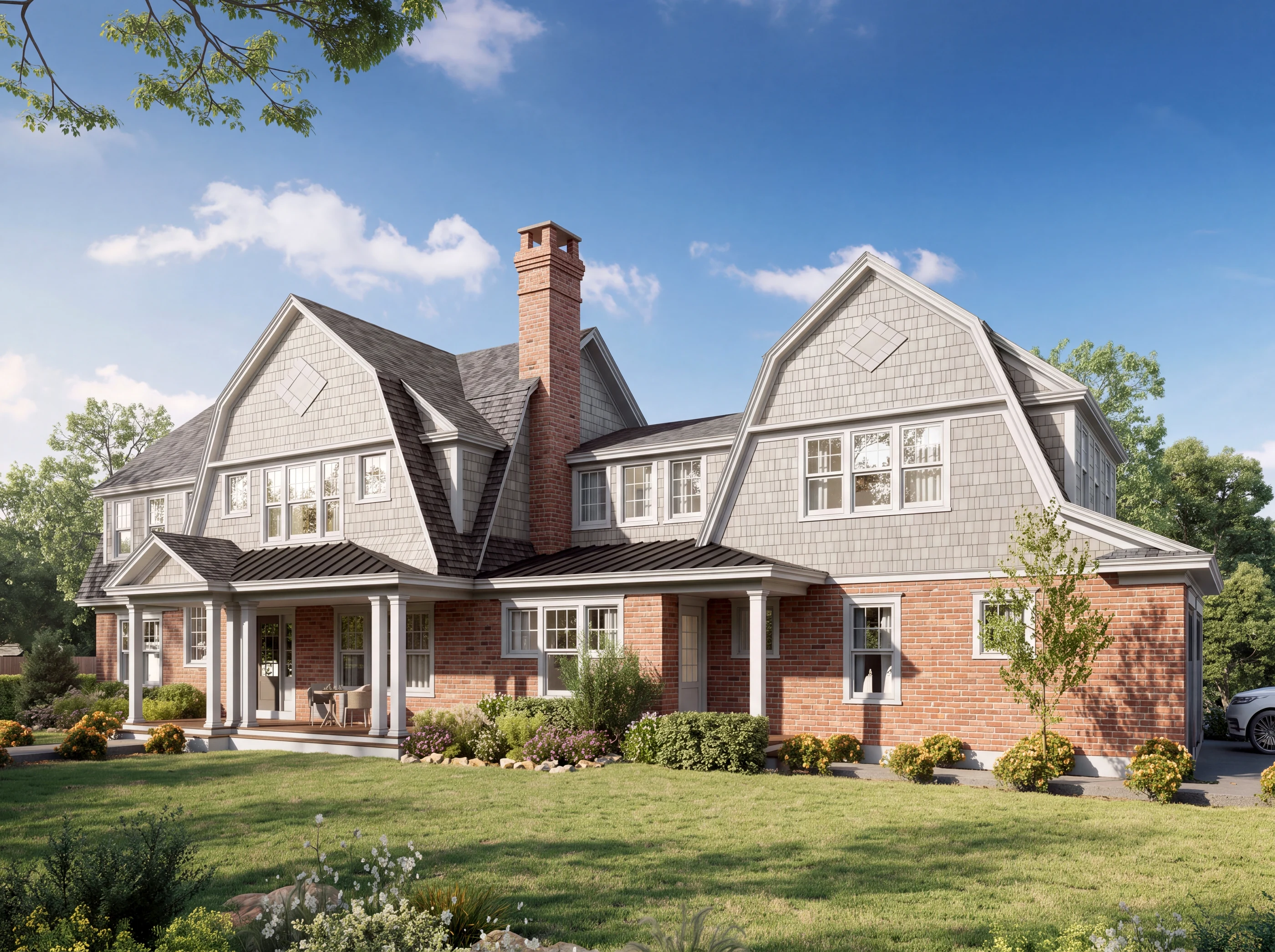 Traditional large residence with light shingle cladding, brick ground floor, stone walk and landscaped front lawn