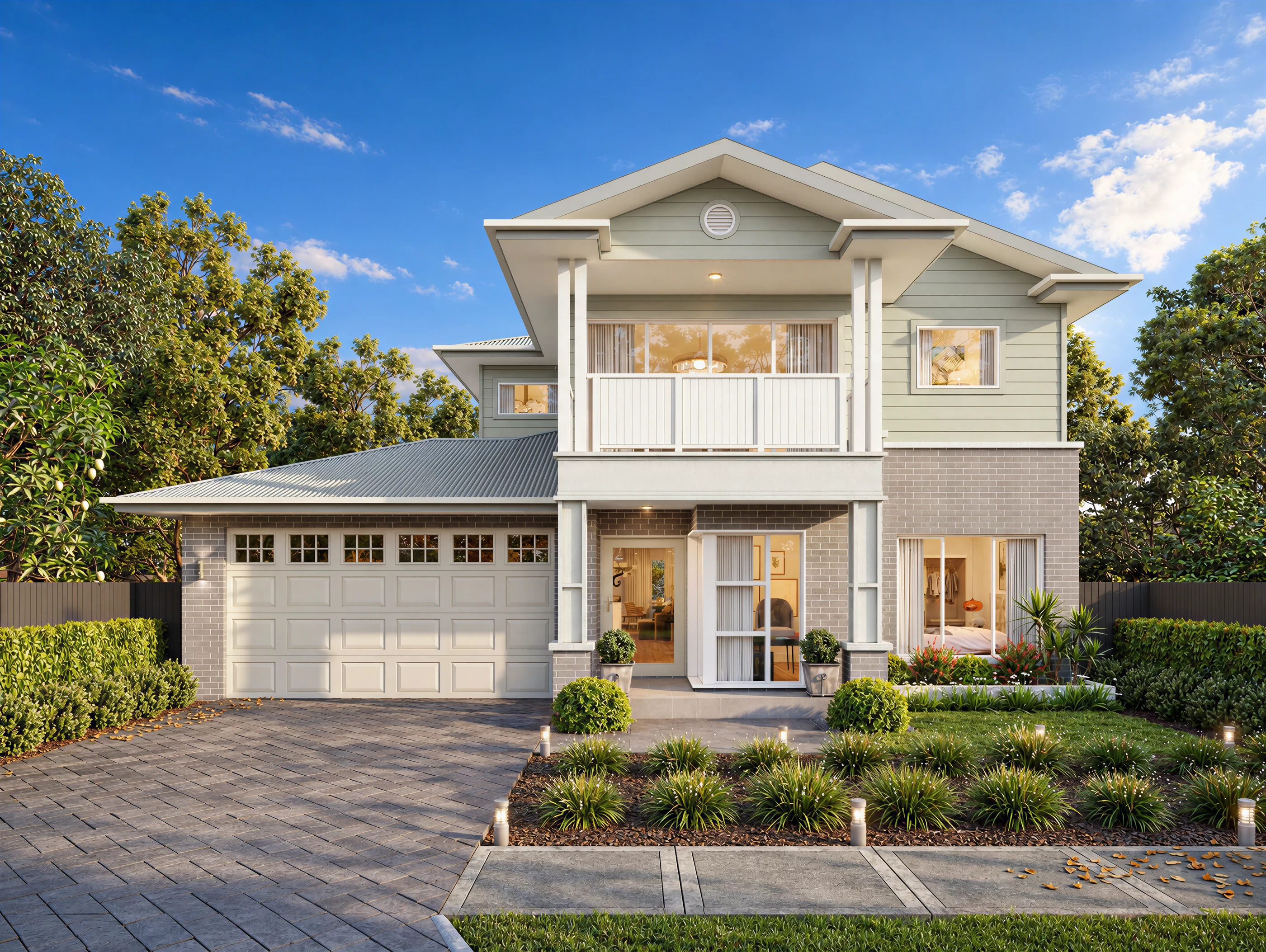 Front view of a traditional American single-family residence with a white balcony, landscaped entry and two-car garage